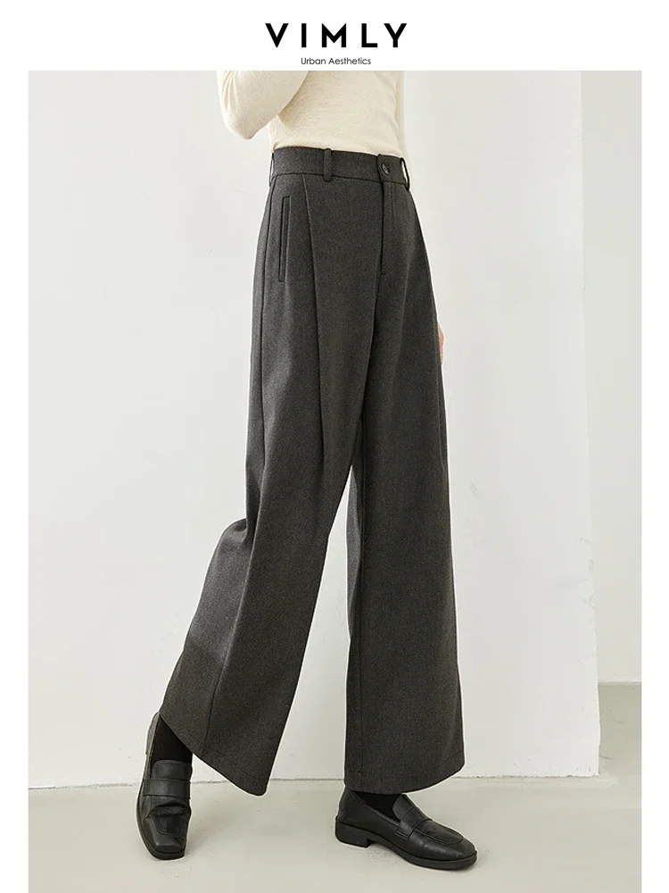 Vimly Grey Woolen Wide Leg Dress Pants for Women 2023 Winter Straight Loose Casual Trousers Female Suit Pant Woman Clothes M5570