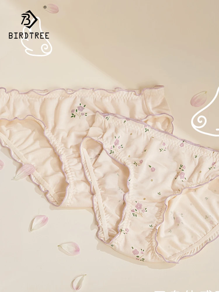 

BirdTree 2PCS 100%Mulberry Silk Briefs, Girl's Middle Waist Flower, Developmental Breathable Underwear, 2024 Spring New P41918QC