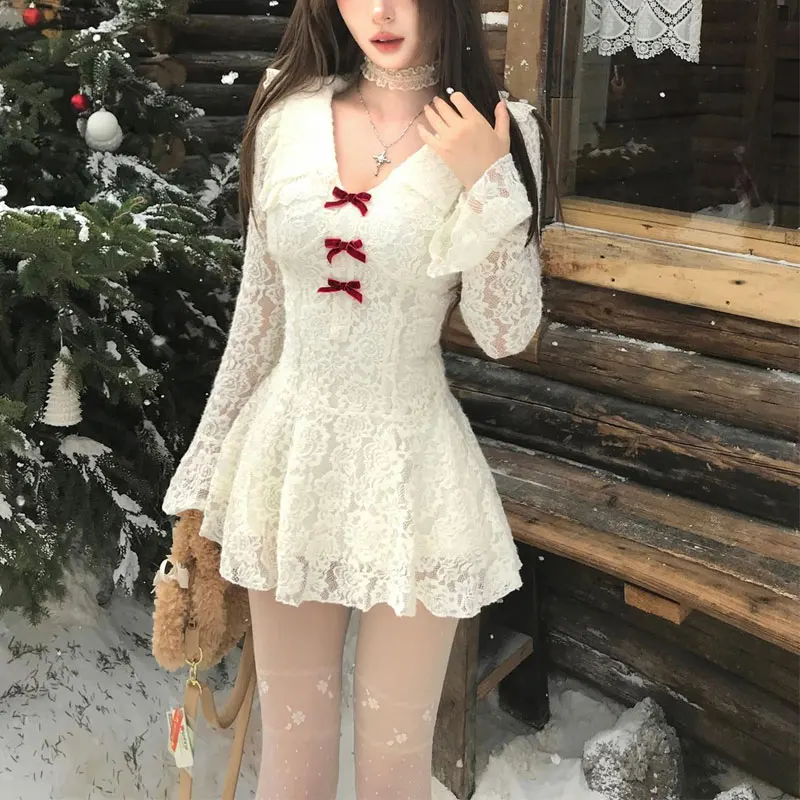 

Female Clothing Lace V-Neck Bow Dresses Hotsweet Hollow Out Spring Autumn Stylish Flare Sleeve Vintage A-Line Waist Mini Dress