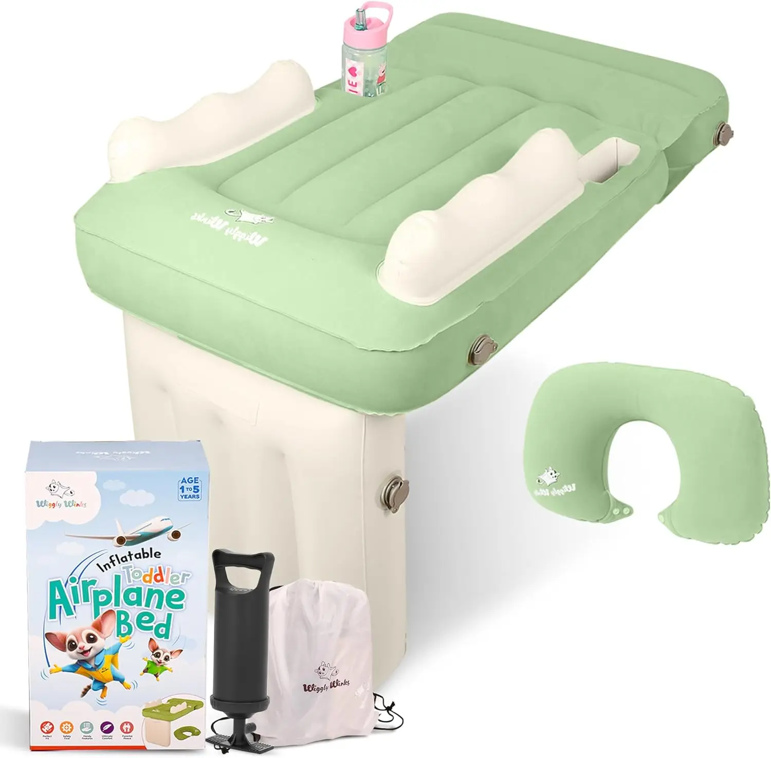 سرير طائرة قابل للنفخ للأطفال ، سرير طائرة هوائي ، وسادة رقبة للأطفال ، حزام أمان ، حقيبة حمل ، مضخة سريعة ، حامل أكواب ، طفل صغير
