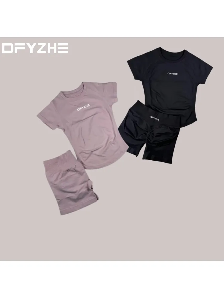 Nieuwe zomer DFYZHE Impact naadloze yoga-tight shorts met korte mouwen Boksen Fitness Hardlopen Sportset T-shirt + shorts - afbeelding 2