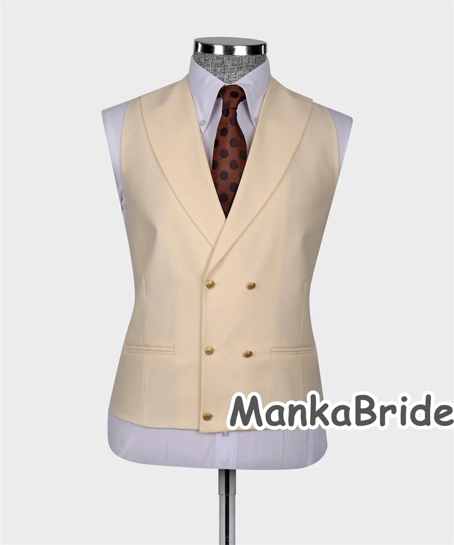 Smoking De Casamento De Botão De Ouro, Ternos Do Noivo Para Casamento, Festa De Baile, Blazer Colete e Calças, Conjunto De Terno De Homem Formal, Clássico, Bege, 3Pcs