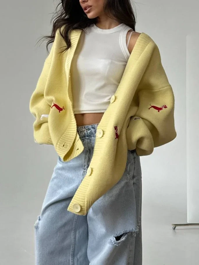 2025 Nieuwe Bestseller Modieuze Vrouwen Casual Worst Hond Geborduurde Trui Vest Herfst Veelzijdige Lange Mouwen V-hals Top