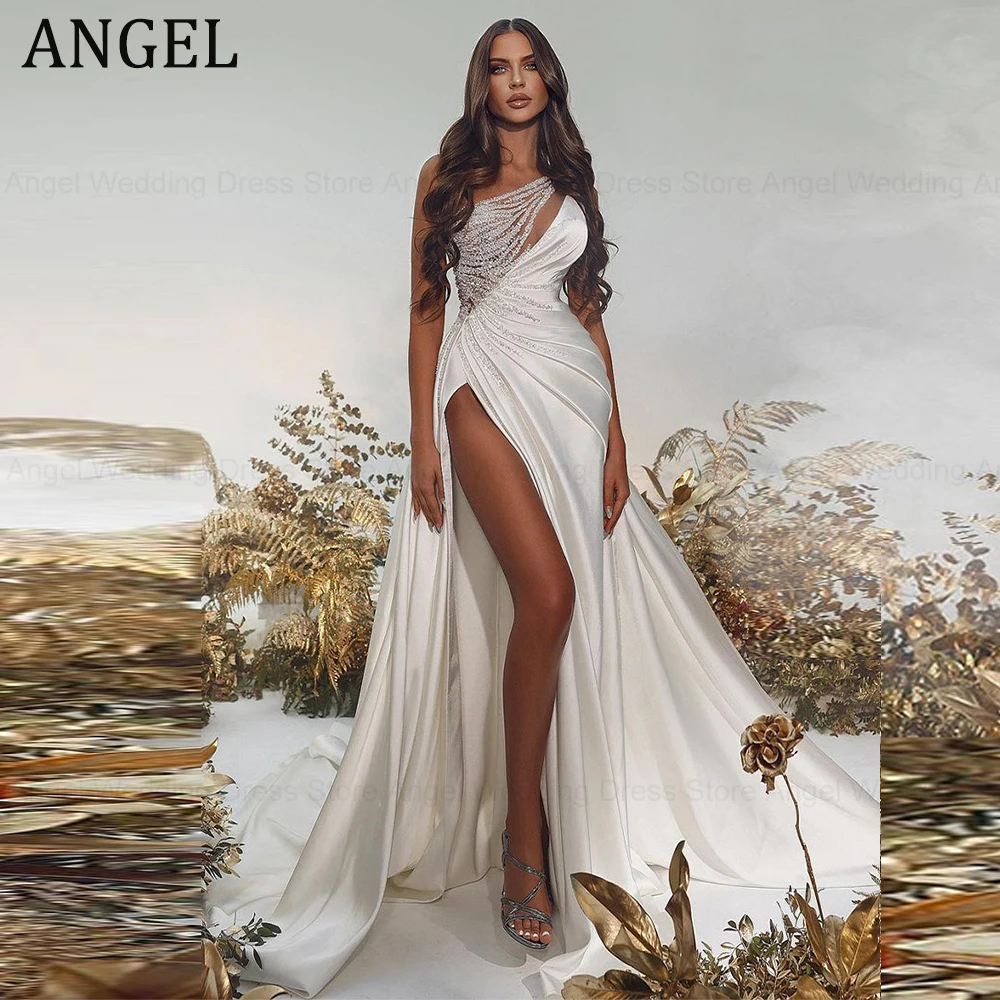 ANGEL Luxury Slit Side Wedding Dress Illusion Beads One Shoulder Customized Satin Bridal Gowns Sweep Train vestido de novia