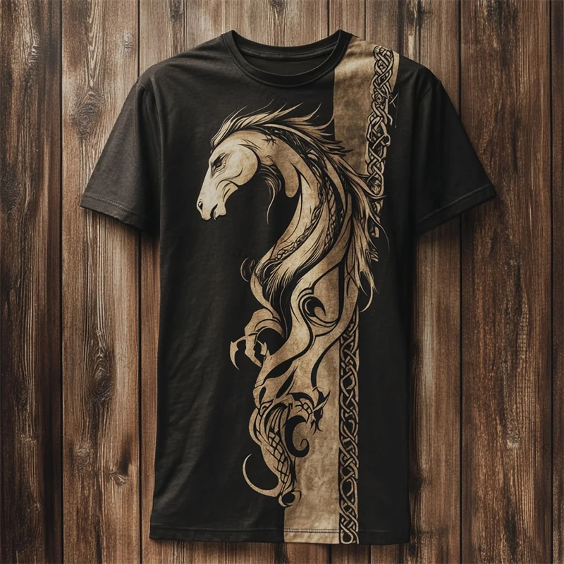 

2026 New 3D Horse Print Men's Vintage T-Shirt Outdoor Sports Oversized Short Sleeve Summer Casual Men's Short Sleeve Top