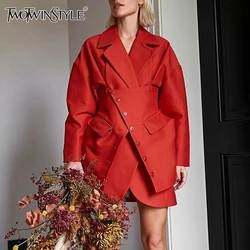 TWOTWINSTYLE Solid Irregular Blazer For Women Notched Collar Long Sleeve Patchwork Buttons Loose Chic Coat Female Fashion Style