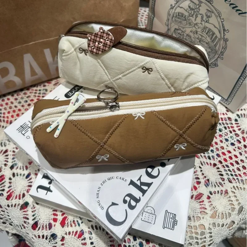 1 Piece Korean Fashion Beige Coffee Color Pencil Case Sweet Cartoon Bow Stationery Bag Portable Kawaii Simplicity Pen Bag