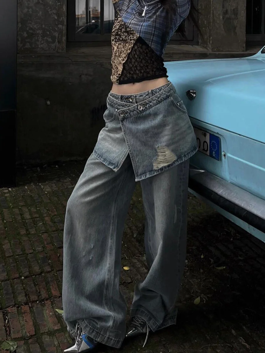 

Ретро американские джинсы из двух частей с завышенной талией, женские осенне-зимние новые дизайнерские съемные брюки длиной до пола, высокая талия, широкие брюки