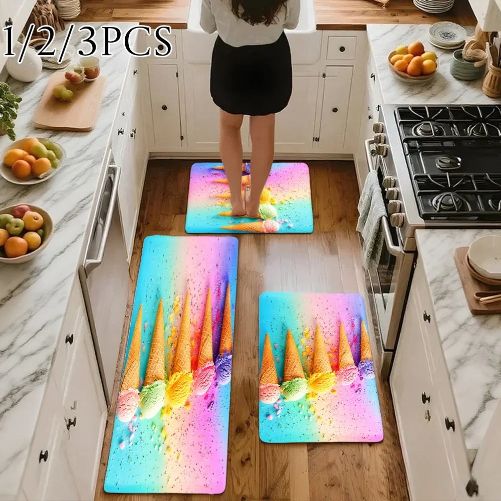 3PCS Kitchen Rugs,Home Decoration for Front Door, Kitchen, Bathroom, Colorful Ice Cream Cones Rainbow Pattern Dining Mat