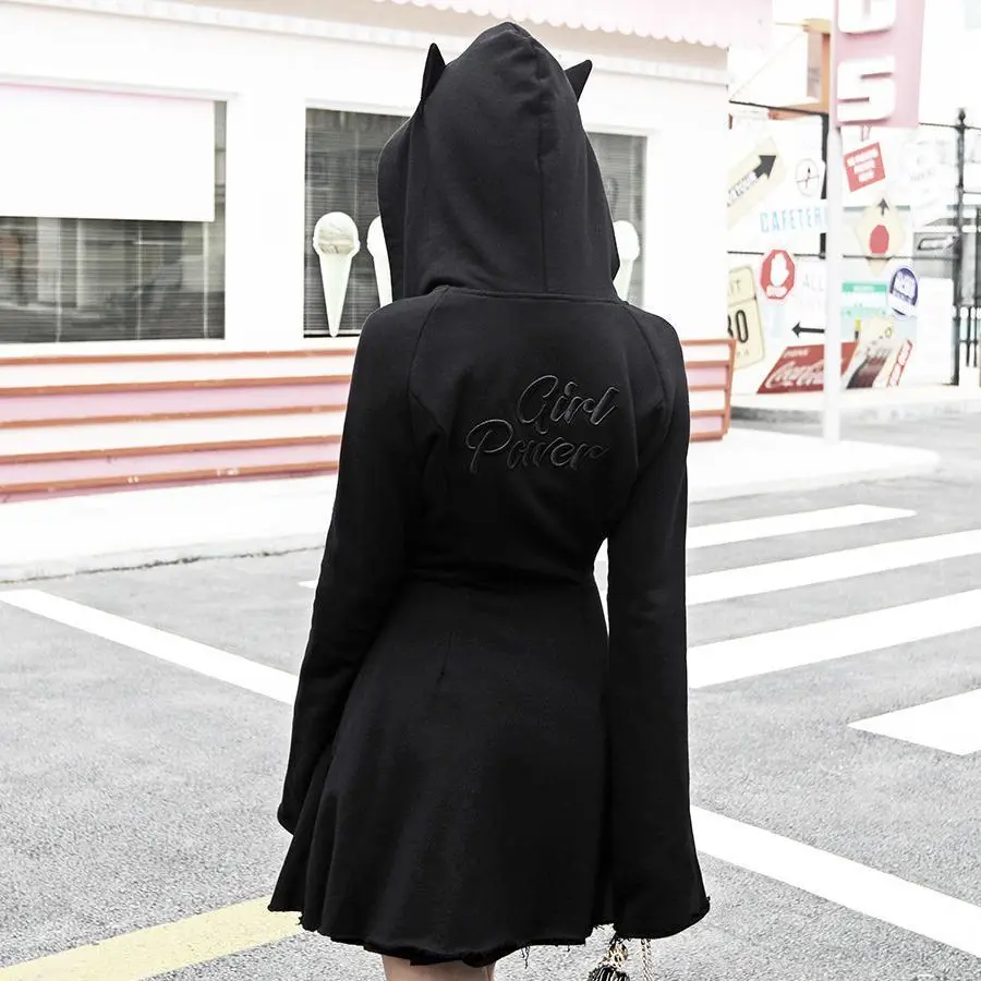 Long Sleeve Hooded Black Mini Dresses Women Gothic Zipper-up Flattering Waist Fall Winter Slim-fit Letter Embroidery Lovely Sexy