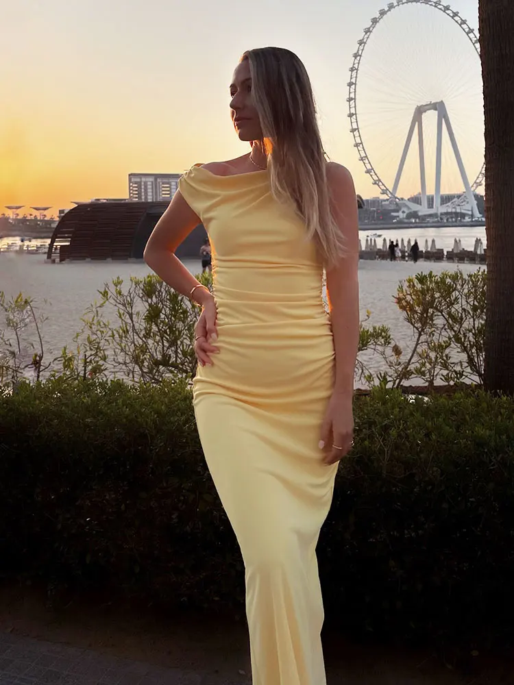 Hh elegante vestido amarelo para mulheres sem mangas drapeado midi vestidos sexy fora do ombro vestido de noite y2k verão férias vestidos