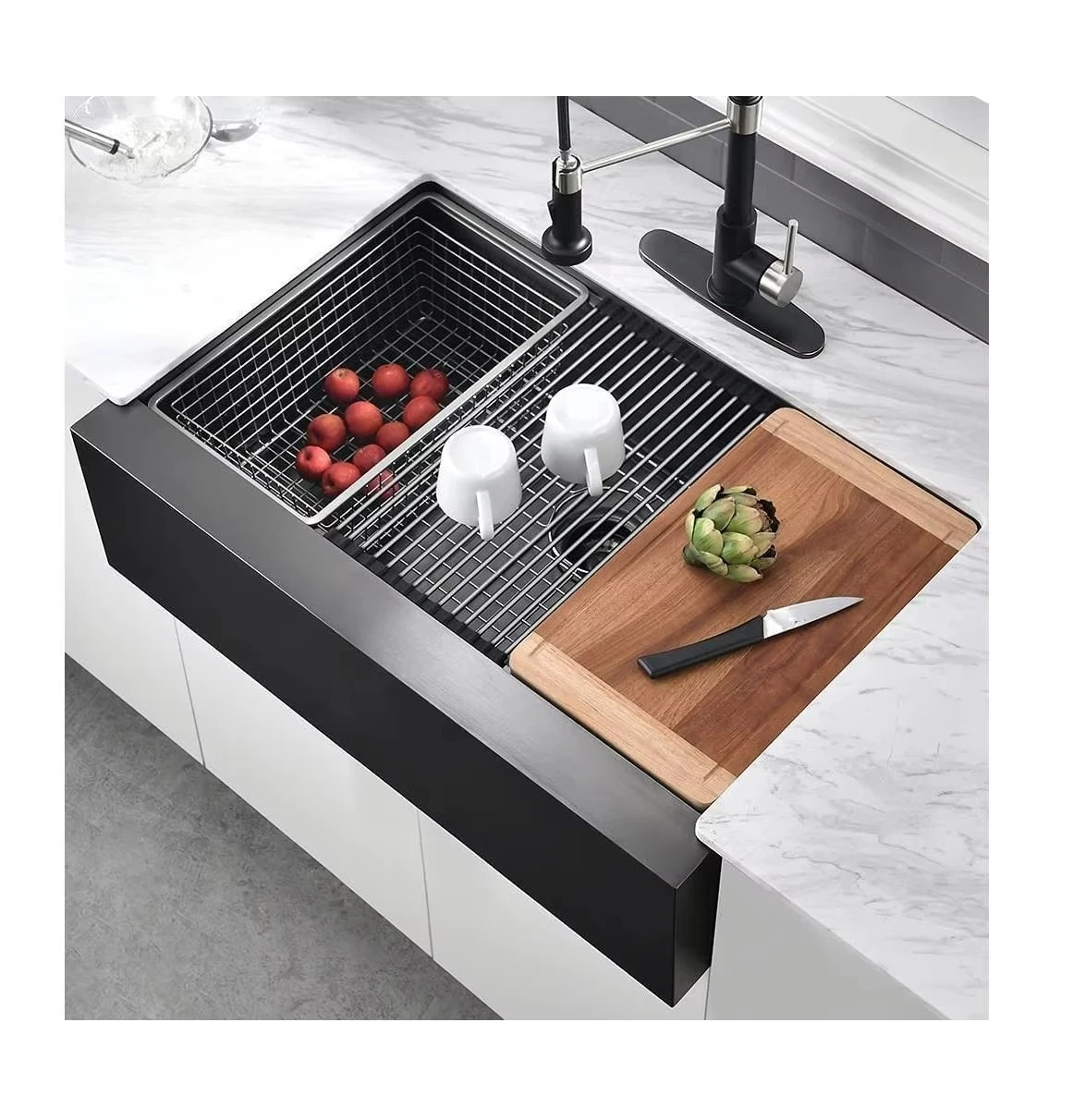 Matte Black Farmhouse Kitchen Sink Apron Workstation Kitchen Sink Stainless Steel Flat Apron Front Single Bowl Farmer Sink