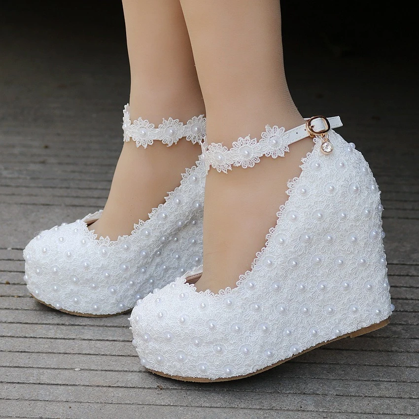 Lace Pearl Wedding Shoes Women's Wedges Platform Shoe Shallow Autumn Spring High Heels Casual Shoe White Blue Pink For Change