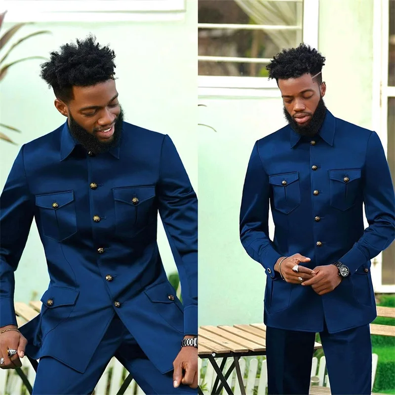 Designer Blue Men Suits Set Blazer+Pants Satin Wedding Tuxedos Bridegroom 2 Pcs Custom Made Formal Jacket Groom Outfit Prom Coat