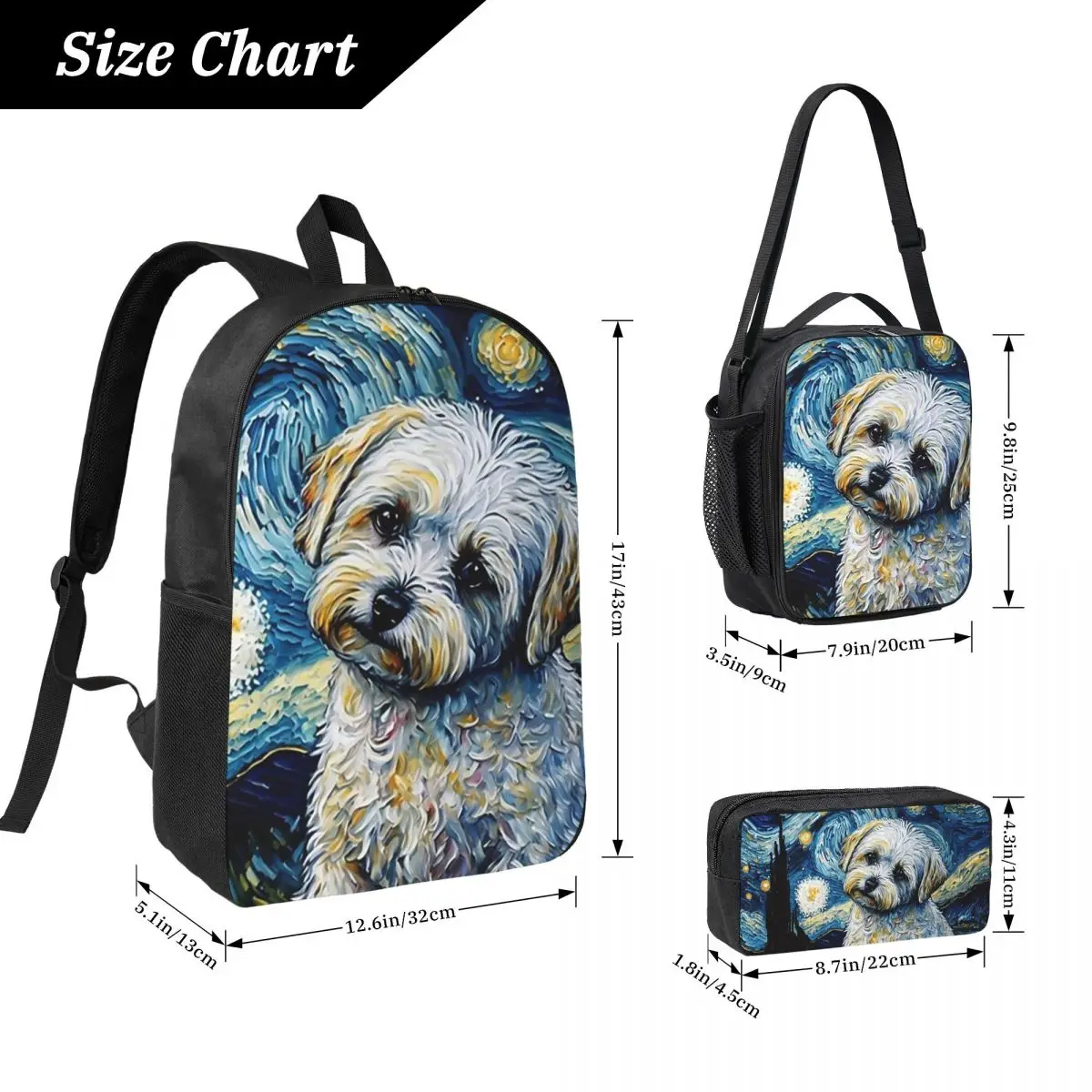 Maltese Terrier Puppy Starry Night Backpack BookBag School Bag Computer Shoulder Bags 3ps Insulated Lunch Bag Pencil Case