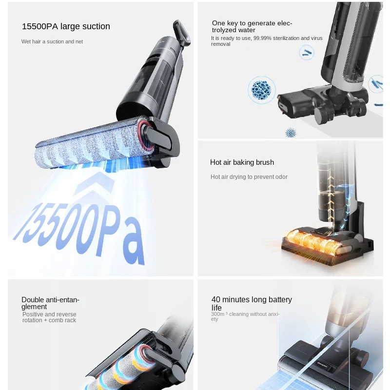 Dreame Máquina fregadora de pisos para hornear en caliente Lavado y trapeador Esterilización de pisos Doble filo 15500Pa Alta succión H12 Pro Plus C