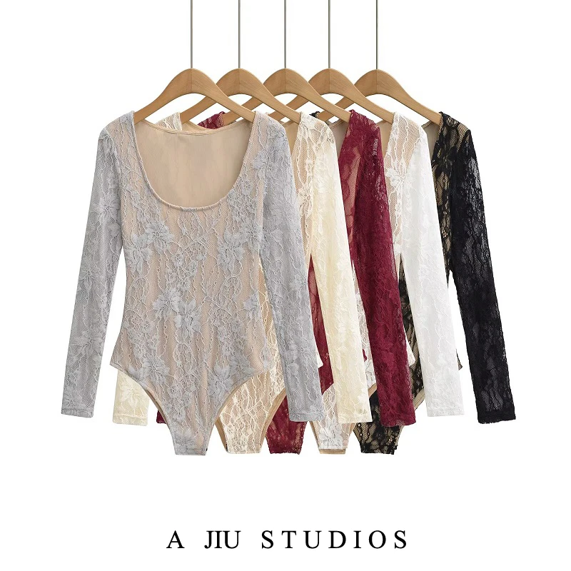 

Pure Desire Sexy Floing Flower Lace Onesie Women's Long Sve T-irt Spring Slimming Base irt Top High Waist orts