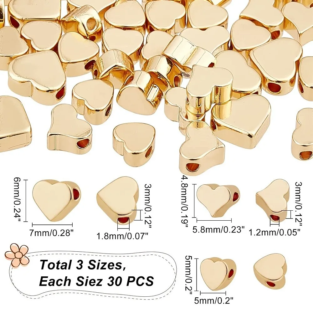 90pcs 14K Gold Heart Beads 3 Sizes Heart Spacer Beads Metal Love Heart Charm Long-Lasting Loose Beads for DIY Necklace Bracelet