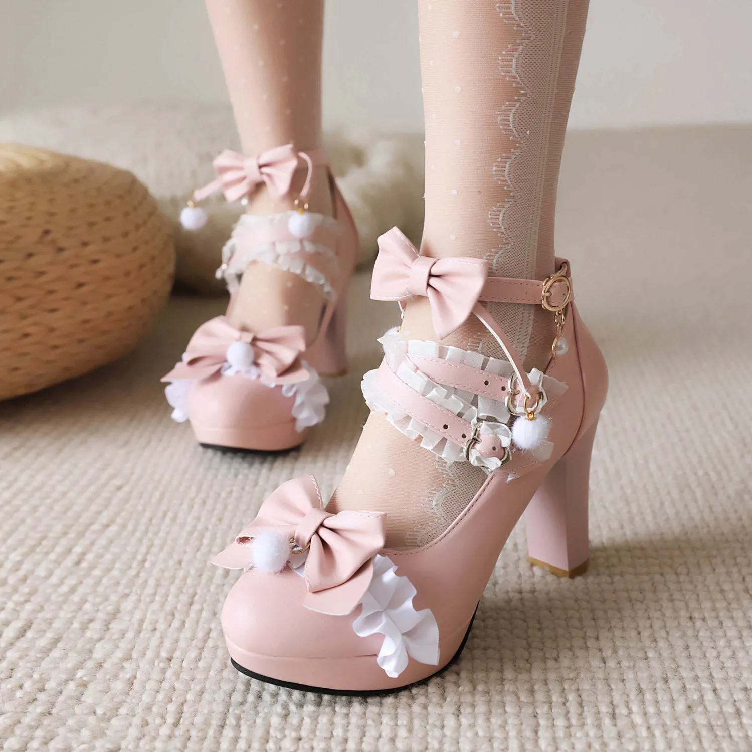 Casual Heels Bow Shoes Round Toe Sandals Ladies Mary Jane Comfortable Straps Lace Big African Block Lolita Beige High Rubber Squ