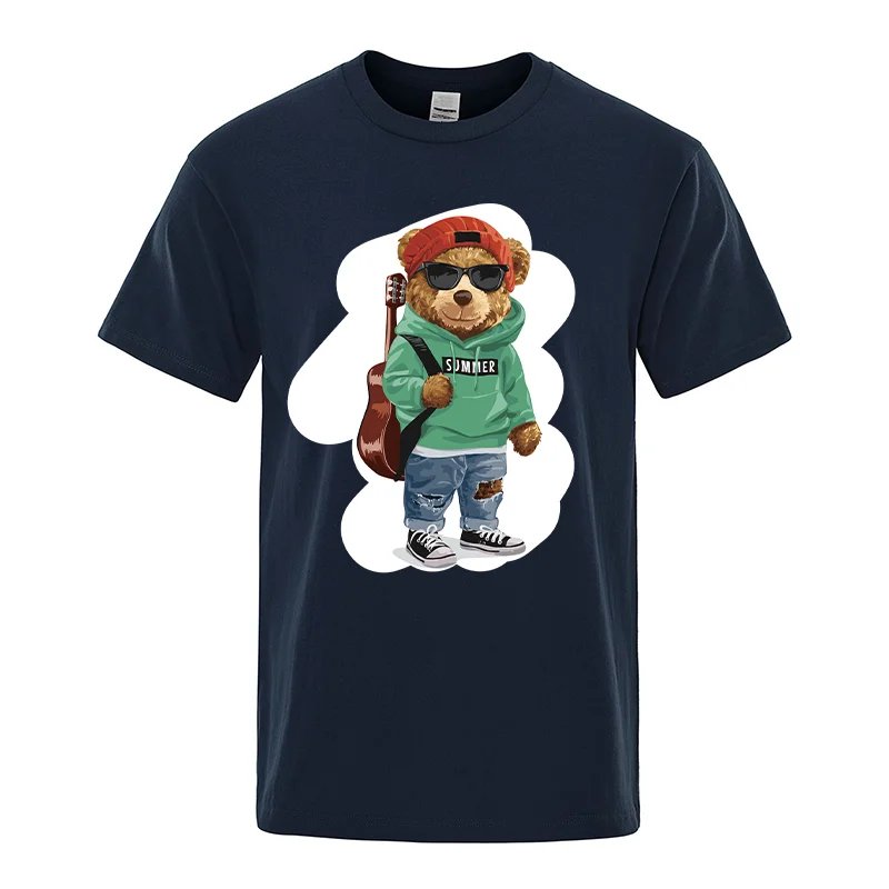 New Men's T-Shirt Teddy Bear Print Fashion Hip Hop Wear Short Sleeved Casual Street Wear Round Neck Top Summer Men's Clothing