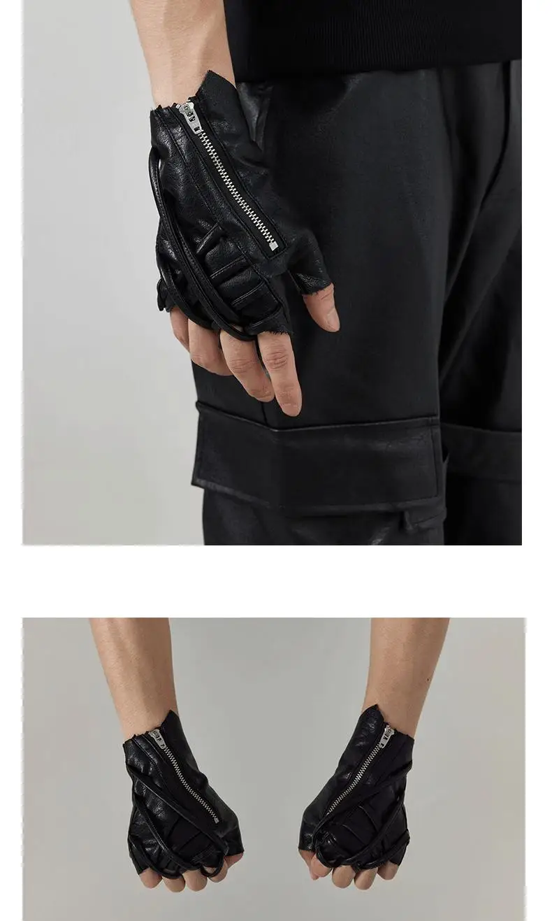 Strap Design Techwear Style Zipper Tactical Leather Gloves Men Women Vintage Hip Hop Punk Fingerless Gloves