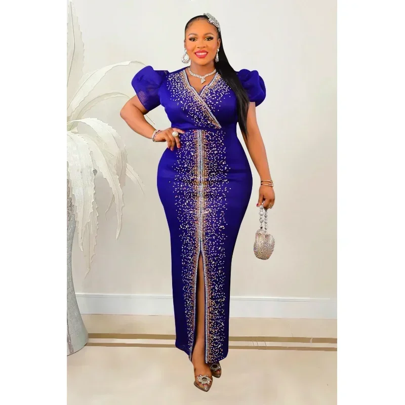 

GUWU Hot Drill Wrap V-neck Puff Short Sleeve Bodycon Midi Maxi Dress Women Diamonds Vestidos Sexy Party Evening Dresses