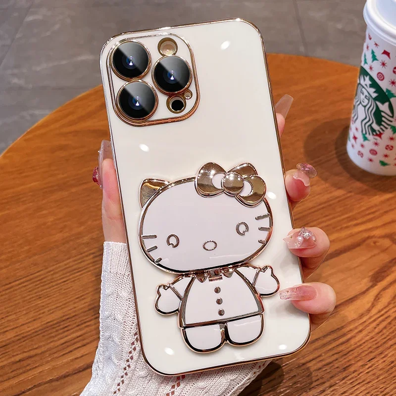 Urocze etui na lusterko Hello Kitty do iPhone 15 11 12 13 14 Pro Max Mini XR XS X 8 7 6 Plus SE 2020 poszycie tylna pokrywa