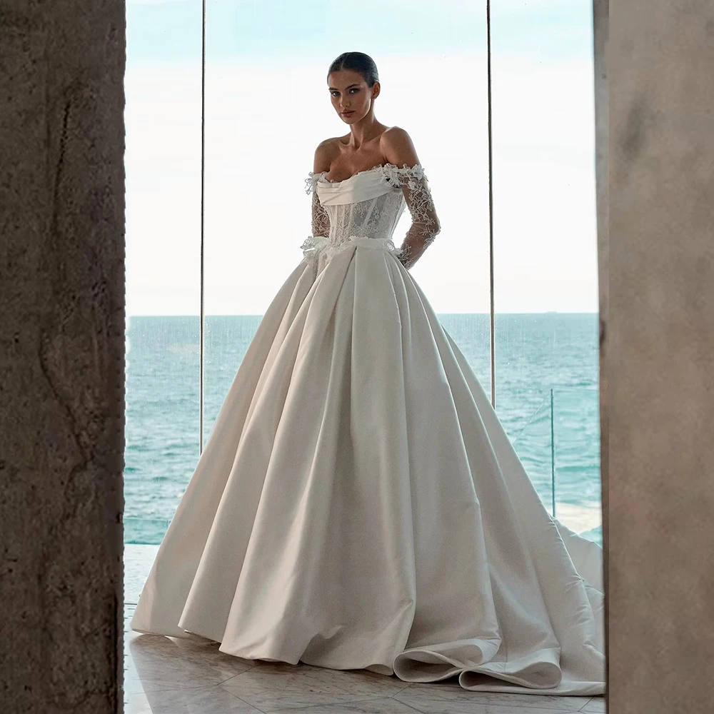 

Customized Satin Off-Shoulder Wedding Dress with Long Appliques Sleeves Sweetheart Neckline Lace-Up Back Sweep Train for Bride