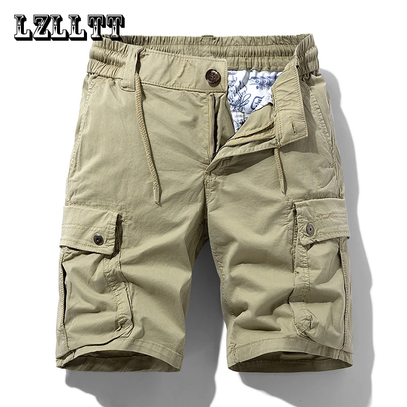 

Summer Men Cargo Cotton Shorts Pants Mens Clothing Elastic Waist Casual Solid Beach Jogger Multi Pocket Shorts Male Dropshipping