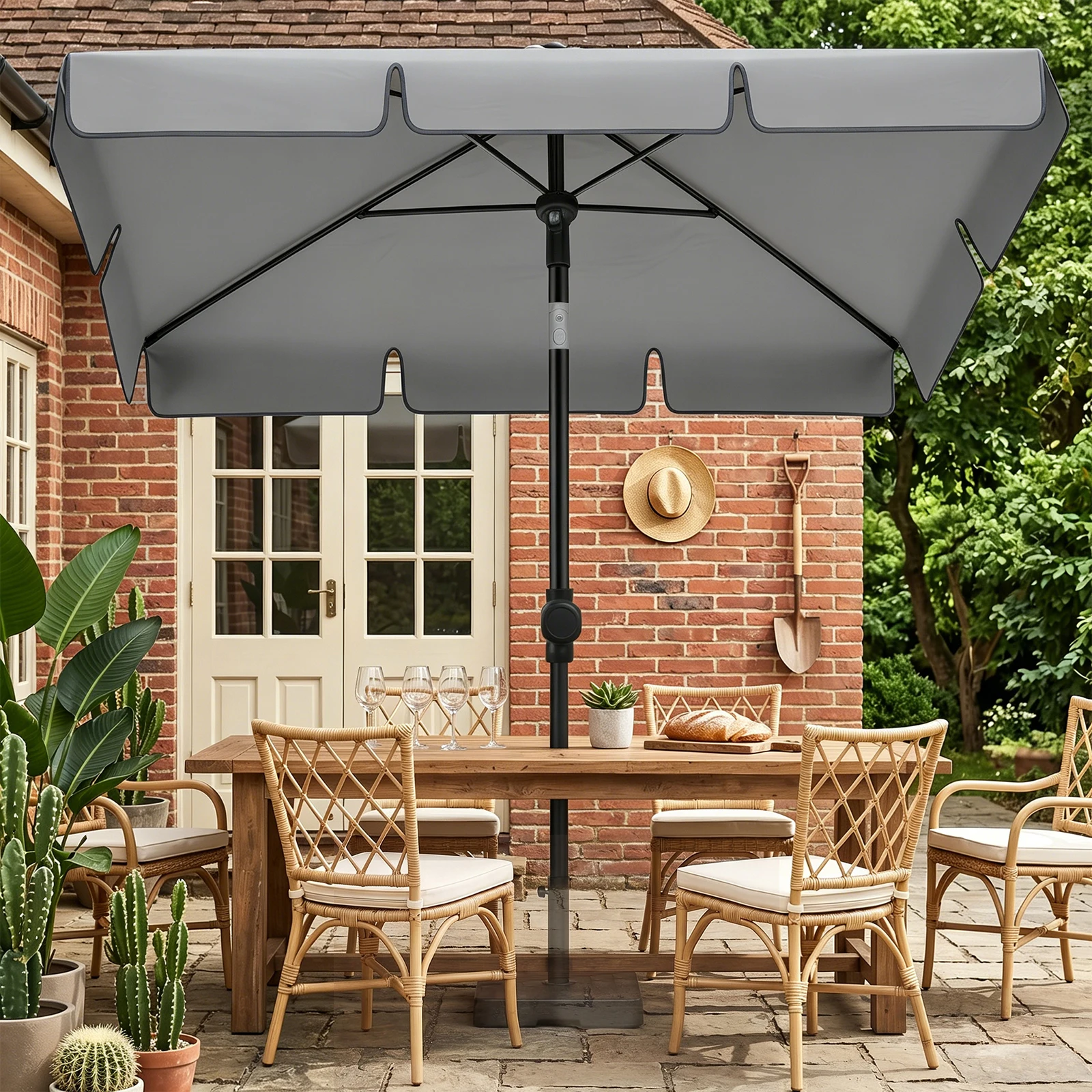Ombrellone da Patio, Tettoia Rettangolare Resistente alle Intemperie (Grigio/Beige), Stecche Stabili al Vento e Funzione di Inclinazione, Adatto per Fori nel Tavolo o per il Terreno, per Viaggi all'Aperto, Escursioni, Giardino