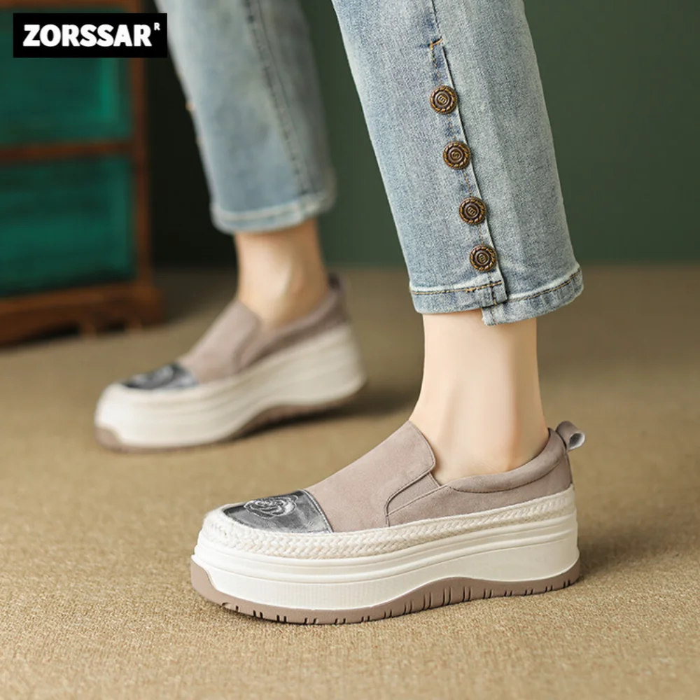 2024 New Kid Suede High Heel Platform Comfort Women Sneakers Fashion Flower Thick Bottem Slip On Casual Women Vulcanize Shoes