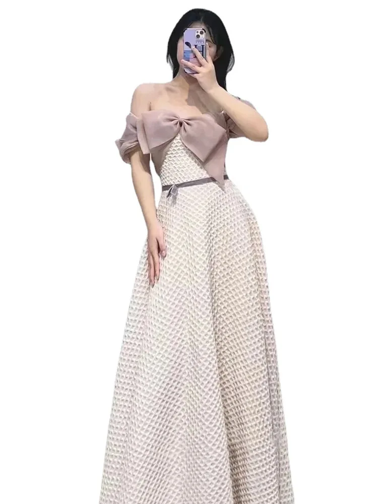 Vestidos de dama de honra estilo francês para mulheres, colarinho quadrado, ombro, doce vestido de baile elegante, requintado