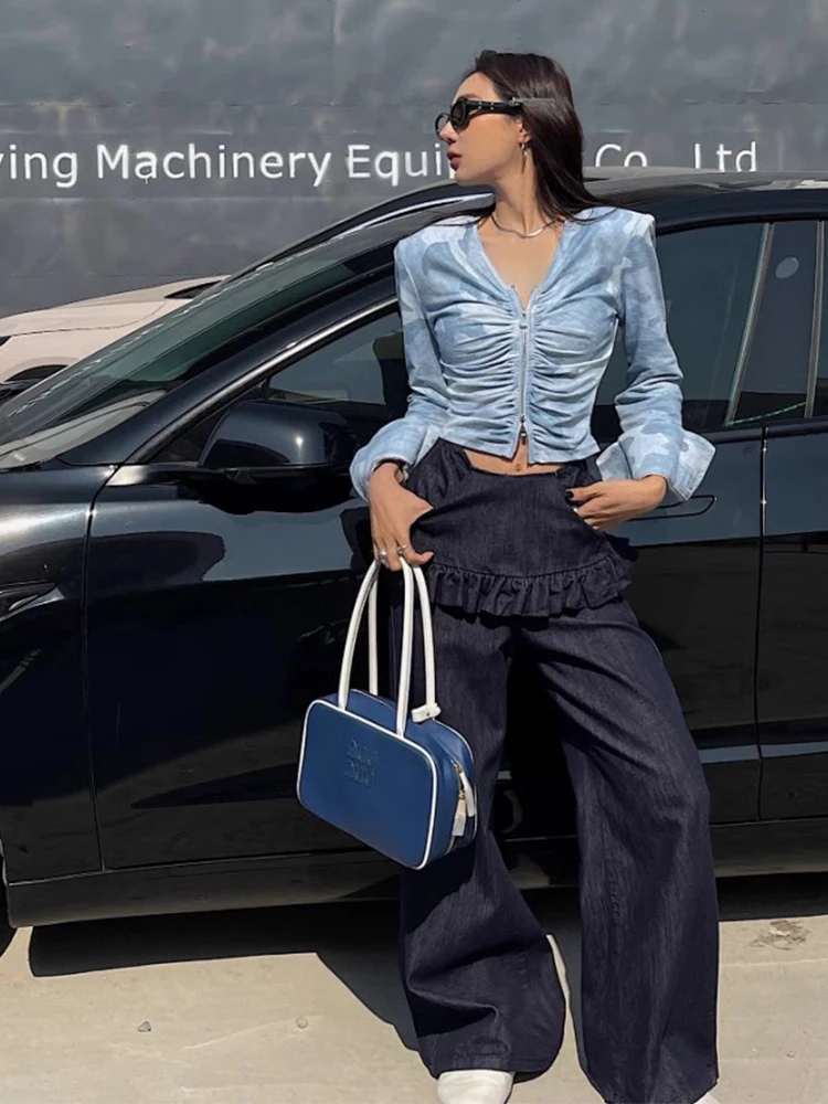 Eleganckie jeansy damskie w stylu vintage z wysokim stanem, kwiatowym wykończeniem, imitacja dwóch części, proste nogawki, casualowe spodnie z wysokim stanem i szerokimi nogawkami.