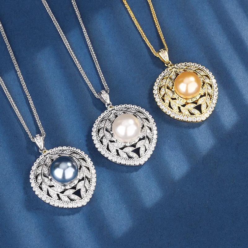 New design jewelry with copper base and plating, luxurious vintage hollow pearl pendant necklace 16mm