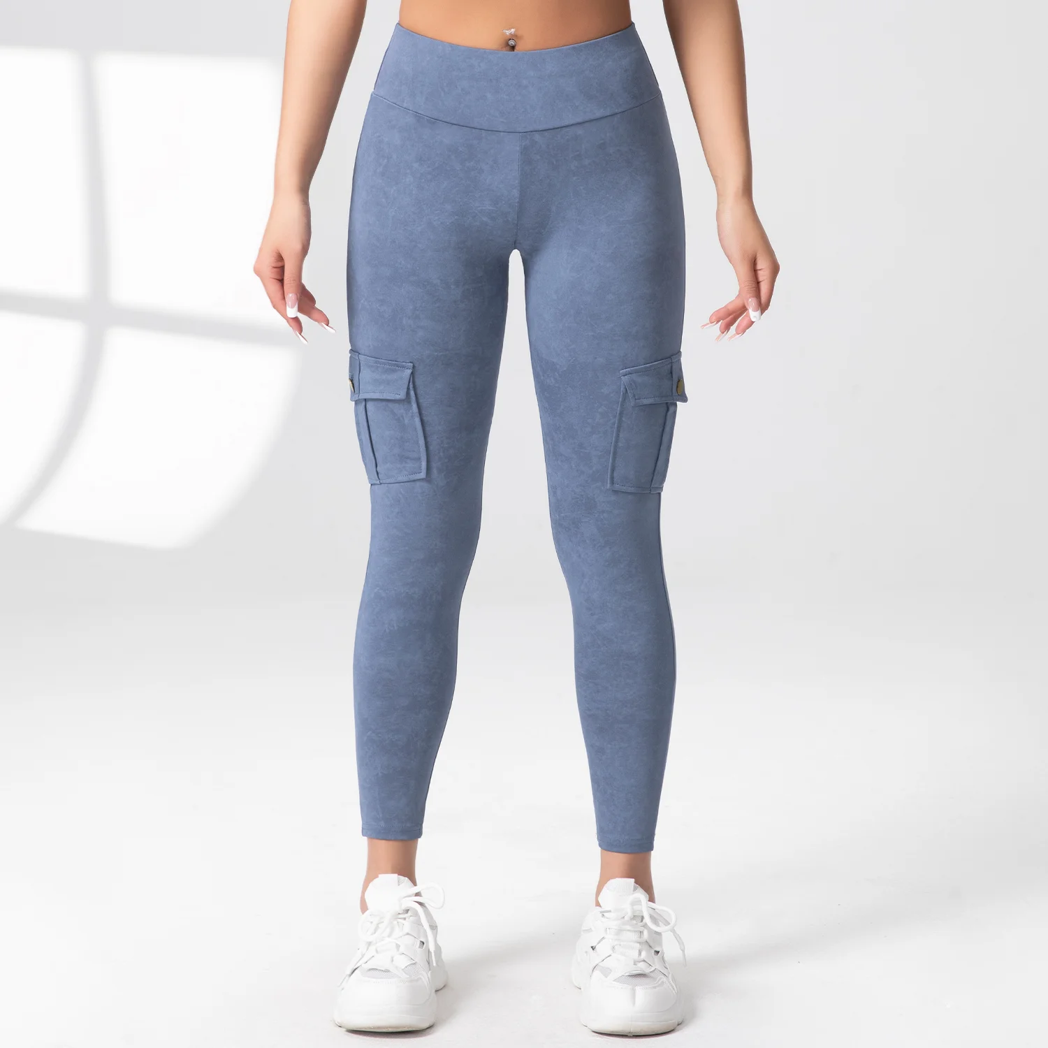 Women Washed Print Work Pocket Leggings Slim Elastic Fitness Tights  Butt Lifting Athletic Pants Outdoor Casual Activewear