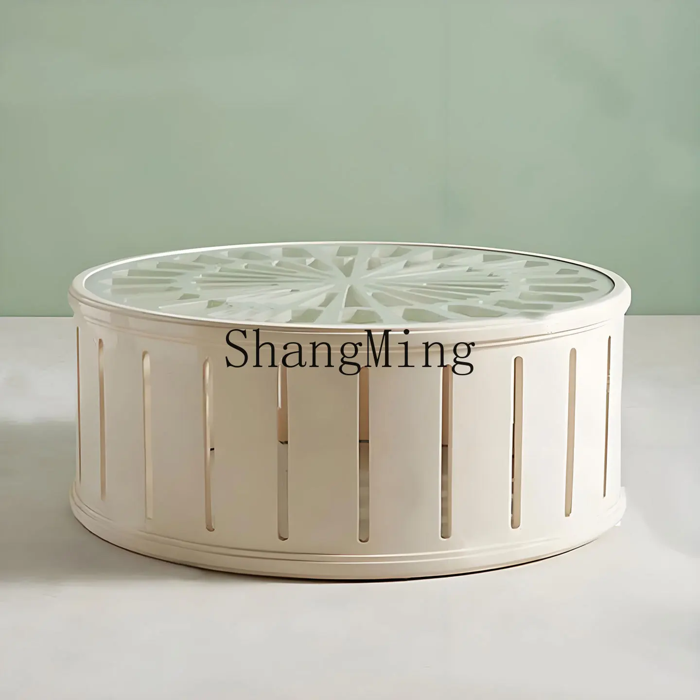 

CL solid wood round coffee table retro white small apartment glass surface coffee table living room engraved small round table