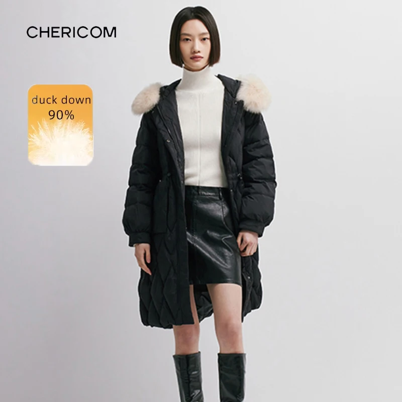 

Женский зимний пуховик Chericom, новинка 2025, съемный капюшон из лисьего меха, стеганый узор, пуховик на талии и шнурке Y269761Y