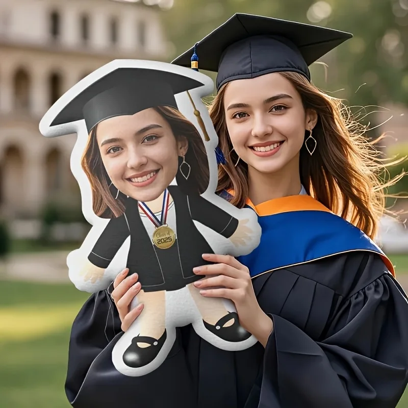 A Single Custom Throw Pillow Featuring a Graduation Theme with Golden Accents, Designed for Female Students. This Personalized P
