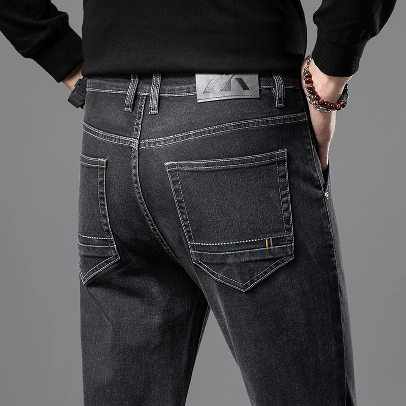 

Осень 2024, новые мужские модные эластичные джинсы стандартной посадки, повседневные классические хлопковые джинсовые брюки, прямые брюки, мужские брендовые черные, синие