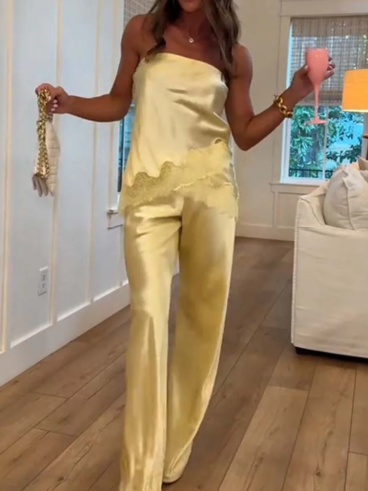 Women Sexy Sleeveless Solid Outfits Fashion Embroidery Patchwork Satin Solid 2Pc Suits Elegant Strapless Tops & Long Pant Sets