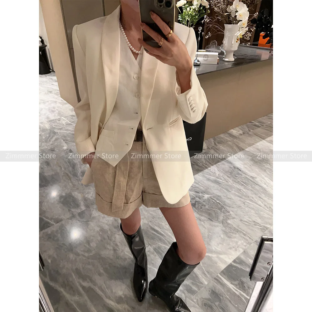 2024 Early spring new light luxury heavy weight silk wool white high quality simple minimalist blazer