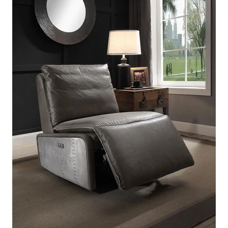 Gray Leather & Aluminum Power Recliner