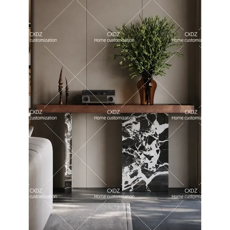 Modern Solid Wood and Rock Slab Entryway Table Simple Luxury Console Table for Living Room Hallway Decorative Long Cabinet