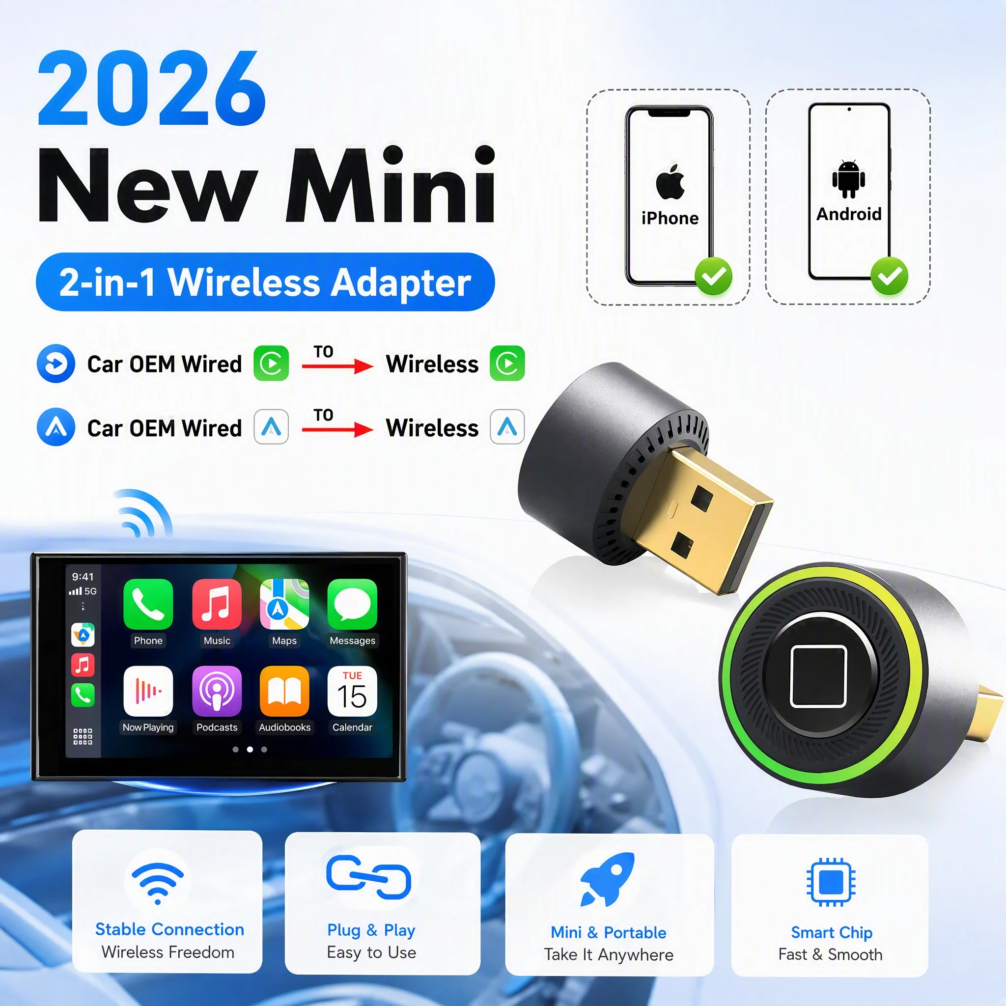 New Super Mini Carplay AI Box Wired to Wireless CarPlay/Android Auto 2in1 Box 5GHz WiFi5 for 99% Original Wired CarPlay/Auto Car