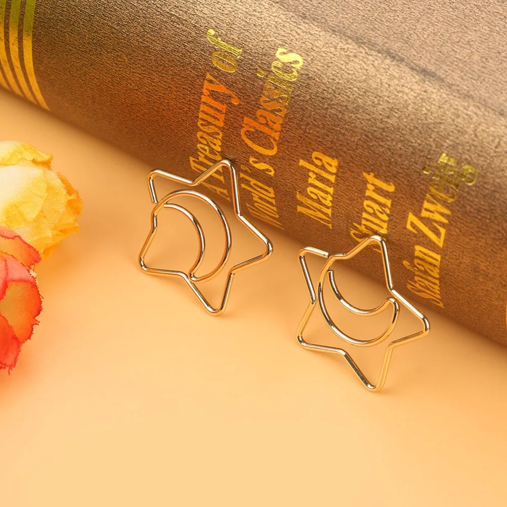 10PCS Bookmarks Iron Paper Clips Gold Electroplating Memo Clips Star Moon Bookmark Clips Document Organizing