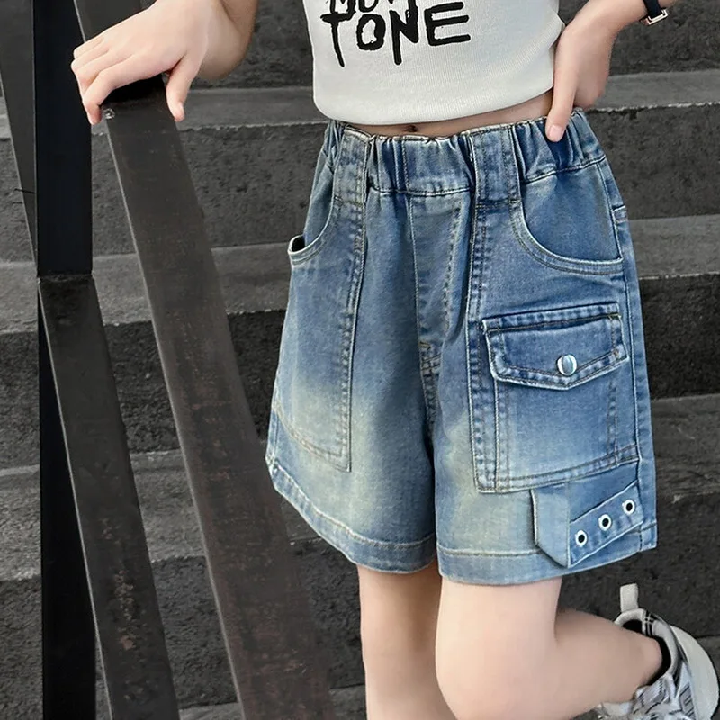 Hot Sale Girls Cargo Shorts Pants Denim Shorts with Pockets Kids Teenager High Waistband Mini Jeans Pants 5 6 7 8 9 10 12 13 14