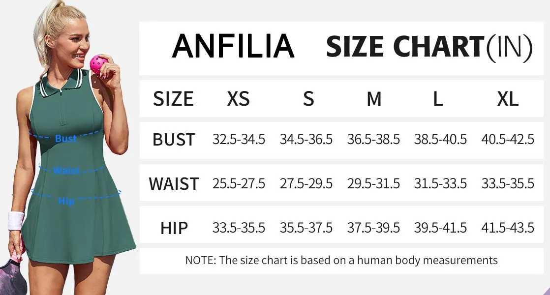 Anfilia Women Tennis Dress Polo Collar Zipper Neckline Built In Shorts With Pockets A-Line Silhouette Movable Pads Dress