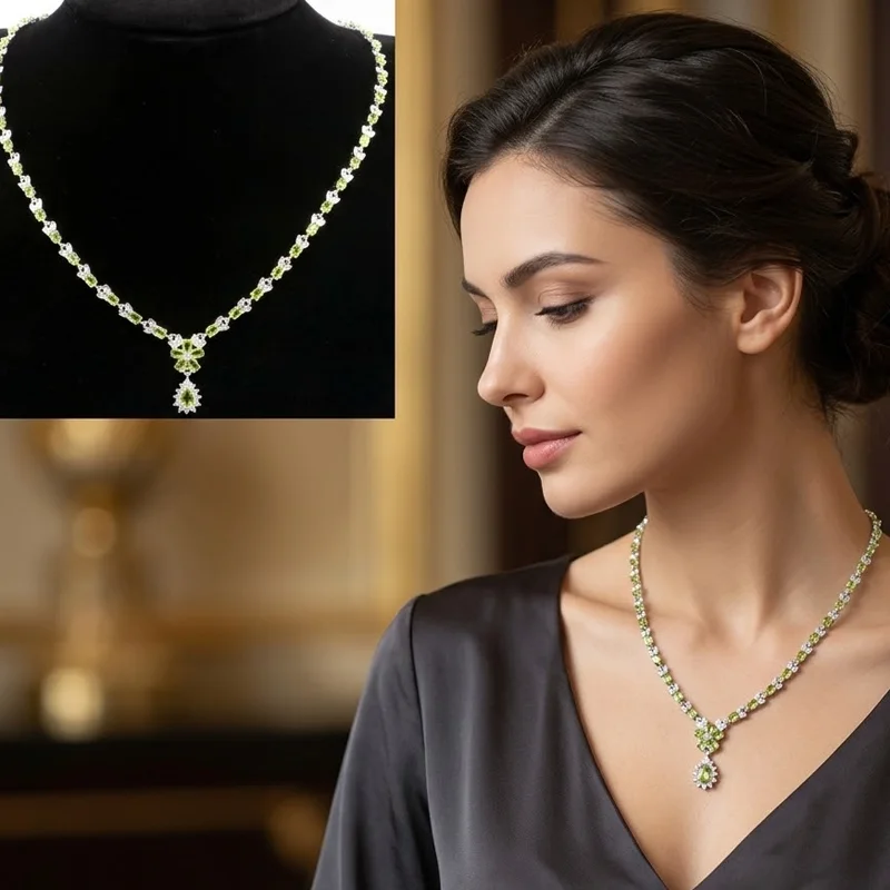 22x10mm Charming Green Peridot Morganite White CZ Ladies Wedding Silver plated Necklace 19.0-20.0inch