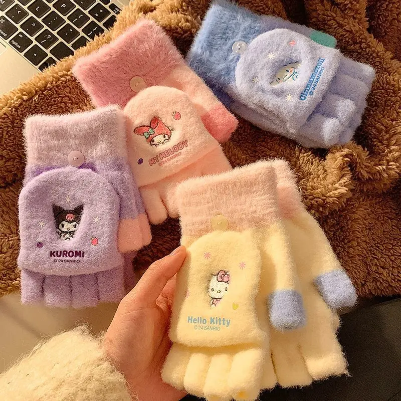 

Hello Kitty Glove MINISO Anime Peripheral Plush Fur Cartoon Cute Versatile Half Finger Flip Gloves Warm Cold Proof Outdoors