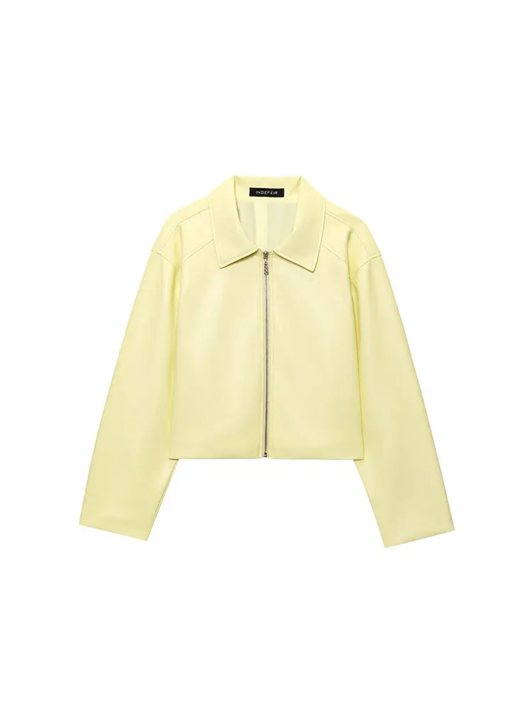 HH 여성 우아한 노란색 인조 가죽 재킷 턴다운 칼라 긴 소매 지퍼 코트 패션 하이 스트리트 여성 아우터웨어